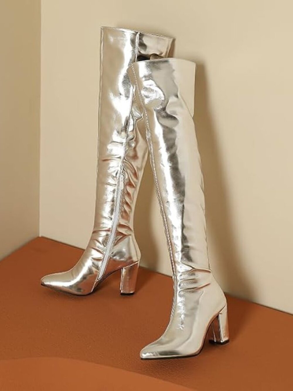 Brand New. Halloween. Women's Metallic Over the Knee High Boots Pointed Chunky